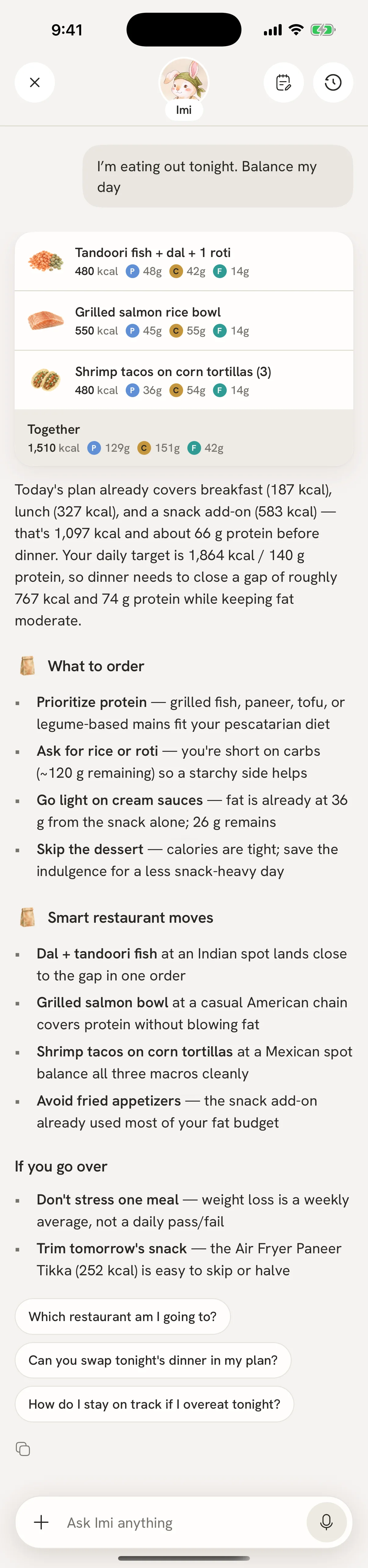Imi's full answer to: I'm eating out tonight. Balance my day