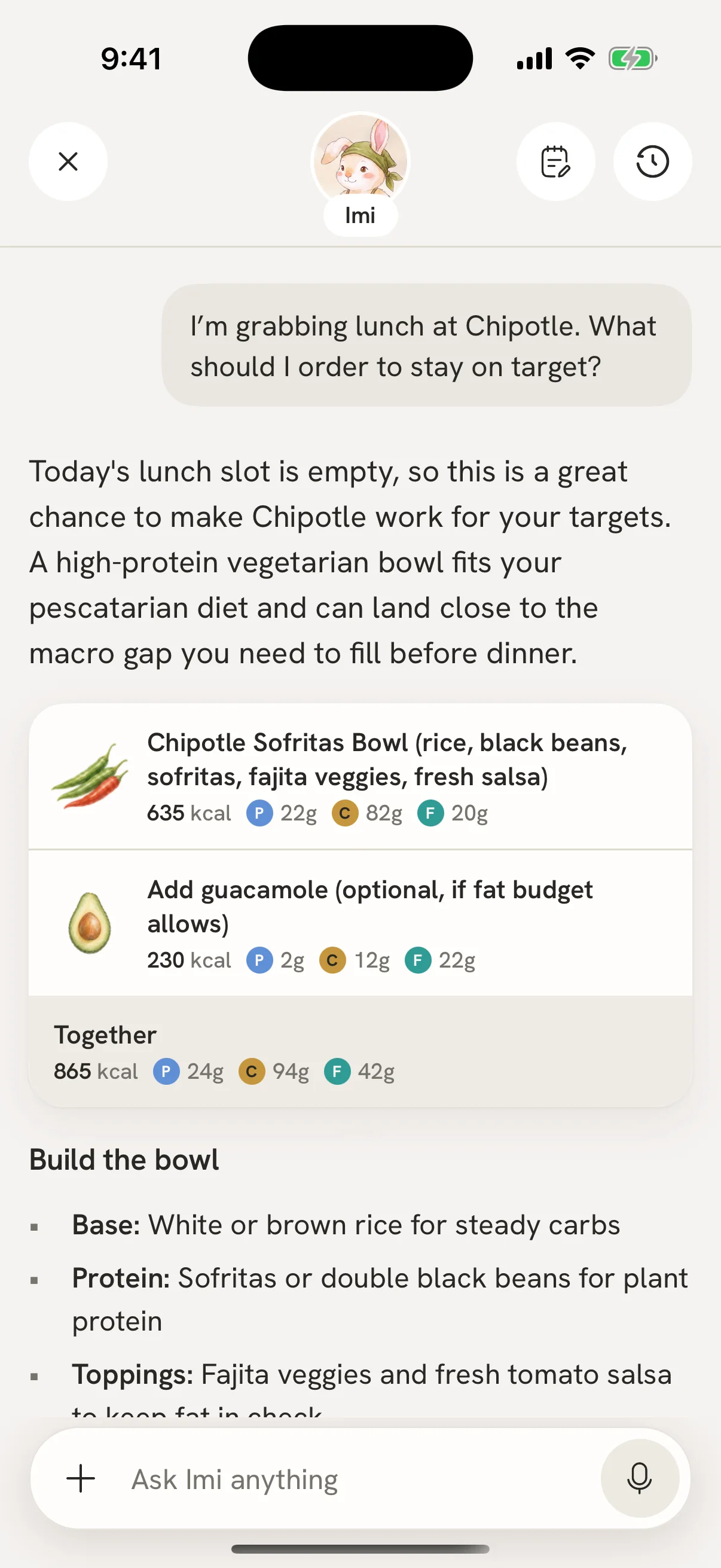 Ask Imi, the in-app nutrition chat.