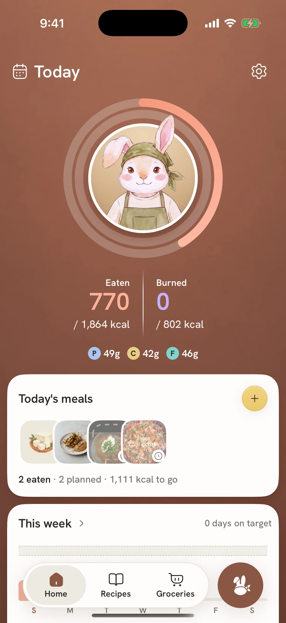 Imi's Today screen: 770 of 1,864 calories eaten, and today's meals, two eaten and two planned.