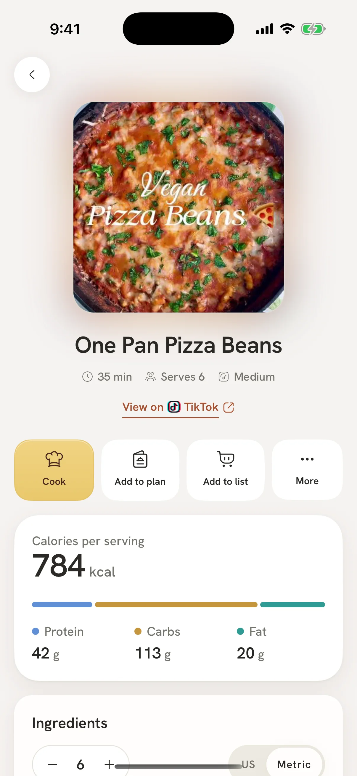 One Pan Pizza Beans, imported from TikTok into Imi: 784 kcal per serving, 42 g protein, 113 g carbs, 20 g fat.