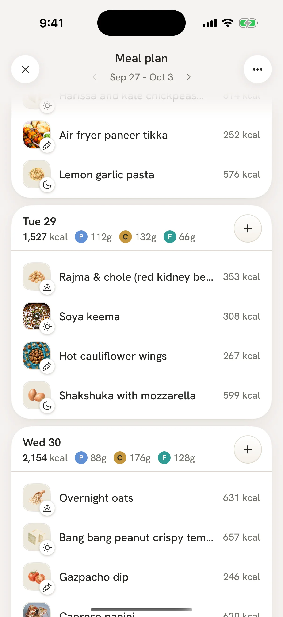 Imi's meal plan: a week of meals, with each day's calories and macros.